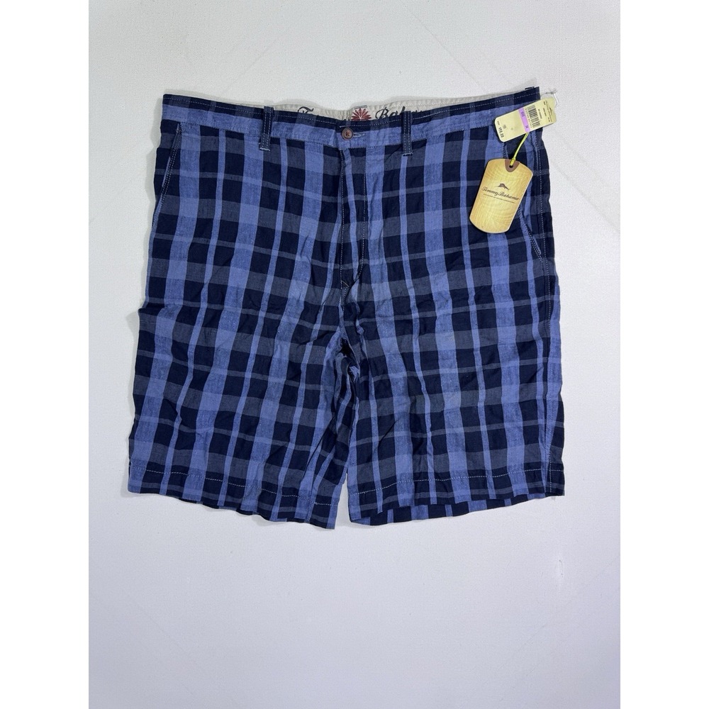 Tommy Bahama Men 38 Blue Plaid Linen Silk Shorts Check Matey T8869 Resort Coast